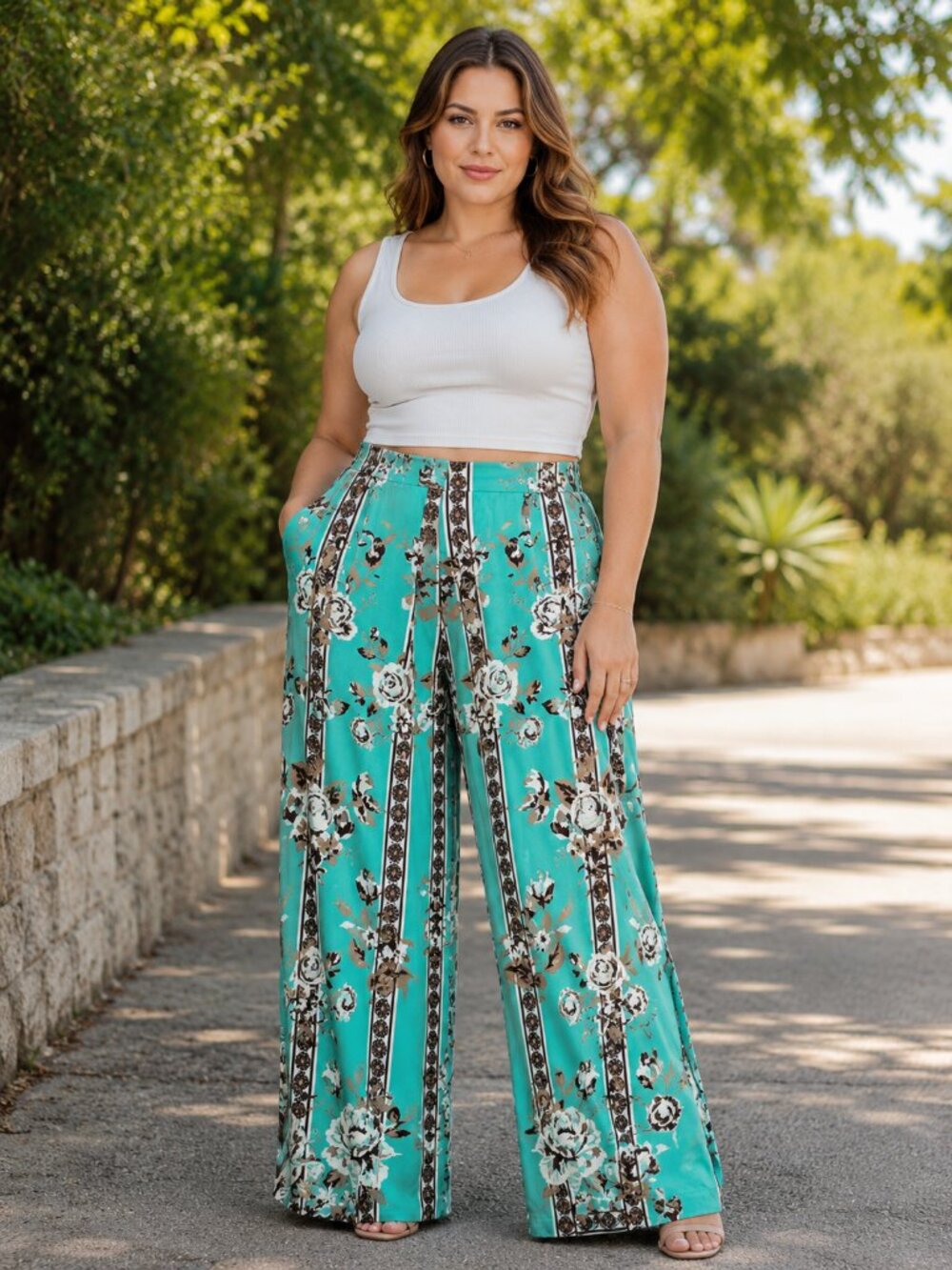 Ashley Stewart Wide Leg Palazzo Pants Size 26 4X‎ Floral Print Green White Boho